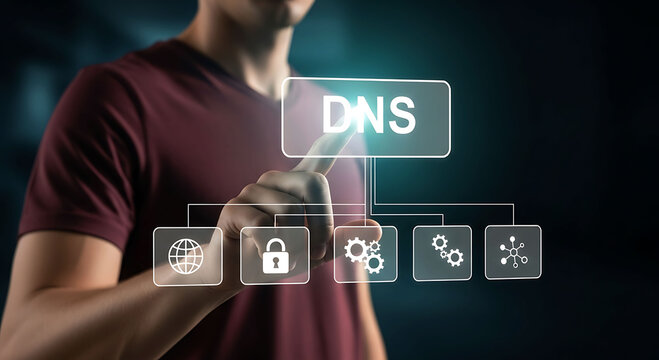 IT professional touching virtual DNS interface network security system conceptual