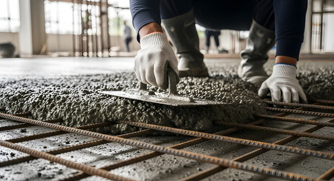Construction worker in gloves spreading wet cement mixture over steel reinforcement mesh