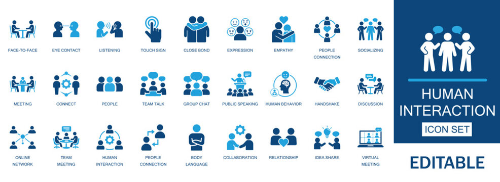 Human interaction and social behavior icon set. Featuring corporate teamwork collaboration, face to face communication, emotional expression, and relationship symbols.