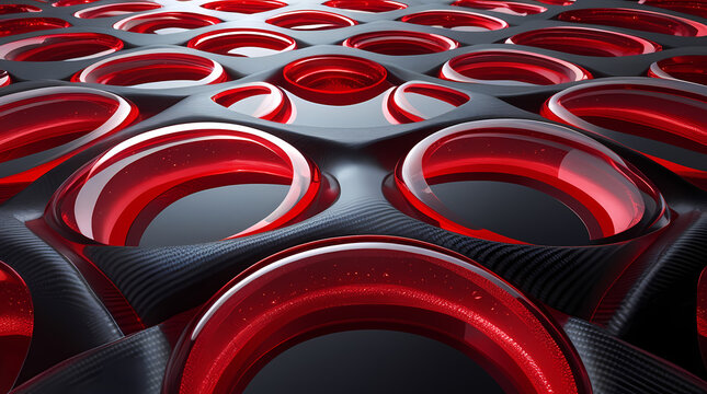 Abstract quantum data lattice background with concentric ruby red glass rings and crimson light lines