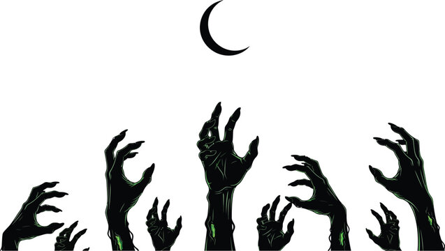 Many scary zombie hands reaching for a crescent moon