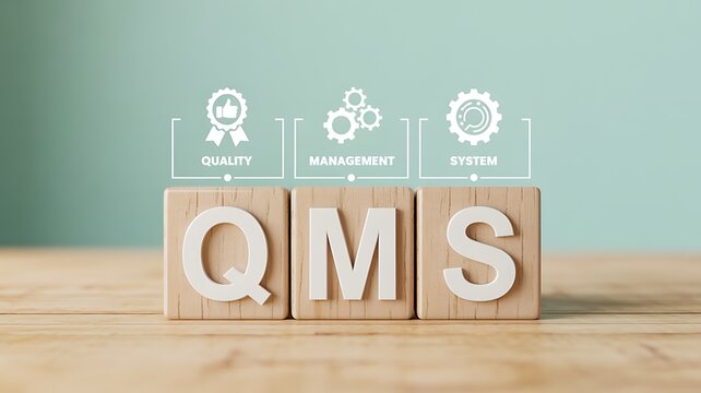 Qms quality management system concept with wooden blocks and icons