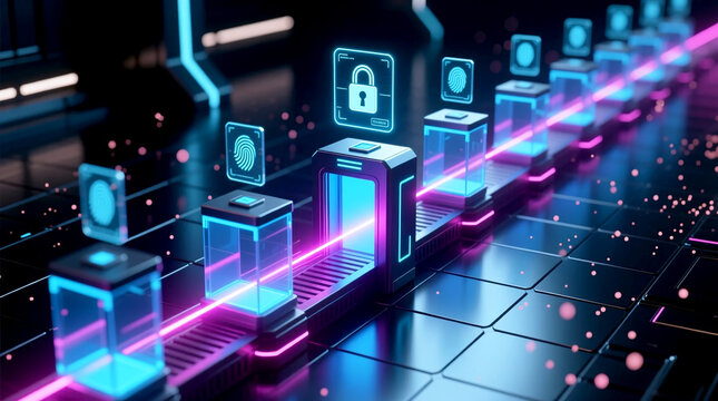 Advanced isometric 3D illustration of secure data network processing with biometric authentication crucial for zero trust cybersecurity implementation