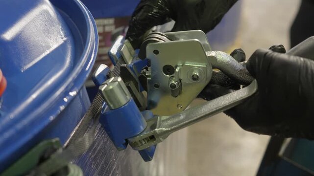 Static shot shows a worker using a strapping tool to secure blue drums in a French factory, with a precise industrial mood.
