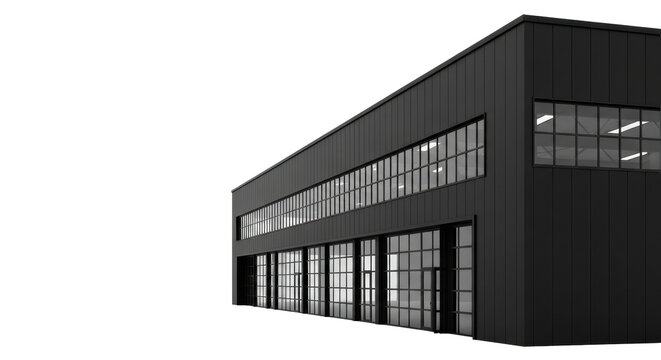 sleek, imposing matte black industrial warehouse with large glass windows and loading doors, detailed in high-contrast archviz on a transparent background. concept for sophisticated real estate