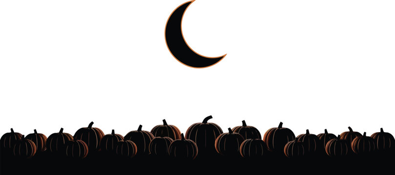 Silhouette of pumpkins in a field under a crescent moon