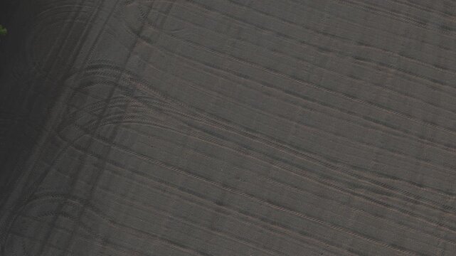 Top down drone spin reveals curved tractor cultivation marks and dry agricultural textures across cereal farmland in the Po Valley of northern Italy.