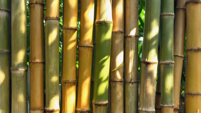 Tropical sunlight filtering through dense golden bamboo forest texture in natural setting