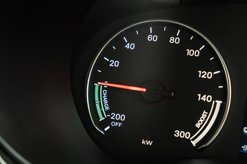 Fototapeta premium Inside electric vehicle dashboard close-up readings and insights from modern instrument panel