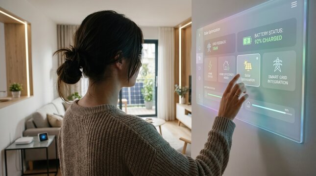 Woman using futuristic holographic interface to control smart home energy system and solar panel optimization