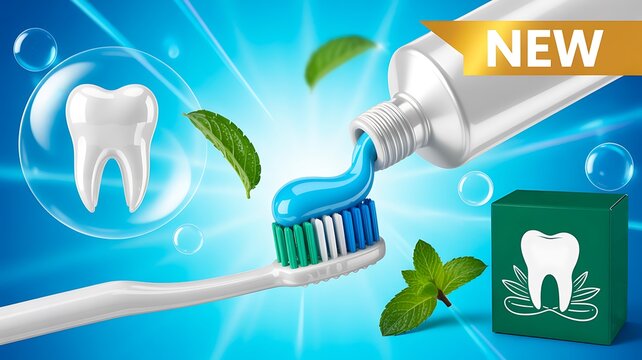 Toothpaste tube with toothbrush and mint fresh oral care concept