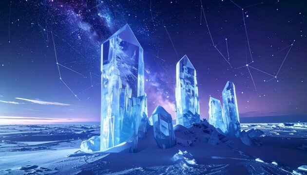 Crystalline ice pillars rise from a frozen landscape under a cosmic sky filled with glowing geometric constellations and the Milky Way galaxy, creating a cinematic surreal sci fi banner.