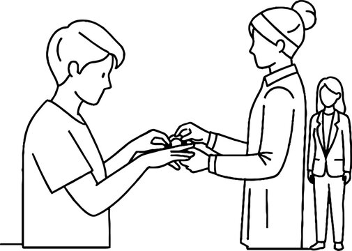 Two people practicing a polite handshake greeting indoors.
