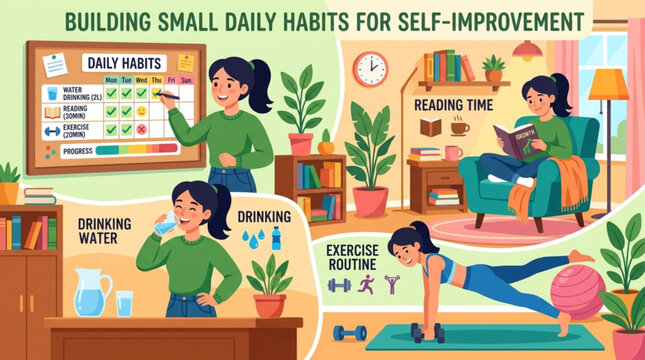 Young professionals building small daily habits for self-improvement in a bright home office setting