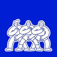 Obraz premium Three stylized cartoon men in line, with blue outlines and white fill, on a solid blue background, showing camaraderie and unity, simple graphic illustration