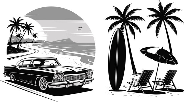 Retro car surfboard and palm tree silhouettes against a coastal sunset a black and white vector illustration vintage automobile classic longboard coconut