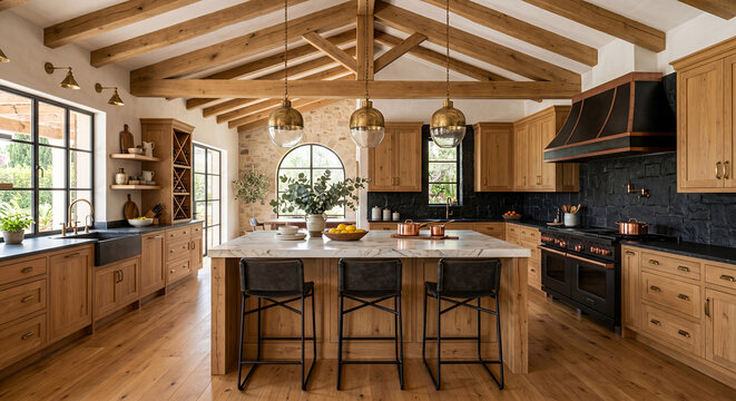 A spacious, modern farmhouse kitchen with natural wood cabinetry, a large marble island, and exposed wooden beams on the ceiling.