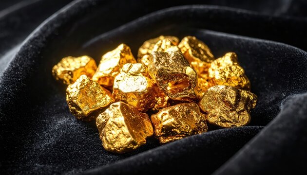 Naturally formed gold nuggets with irregular shapes and sizes clustered on a deep black velvet fabric