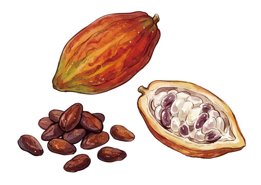 Item-style watercolor cacao pod illustration, elegant minimalist chocolate beans for luxury organic confectionery branding ／ カカオのイラスト