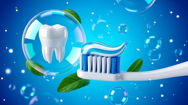 Toothbrush and tooth with fresh mint oral hygiene concept background
