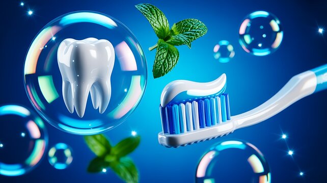 Toothbrush and tooth with fresh mint oral hygiene concept background