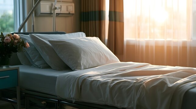 Soft morning light streams through the window illuminating a tranquil hospital room bedroom setting