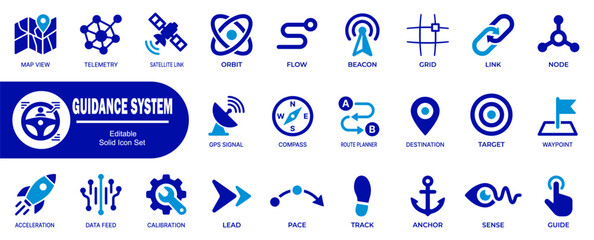 Modern navigation guidance system icons set. Featuring of depicting map telemetry satellite link orbit flow beacon grid link and nodes. © icons.point