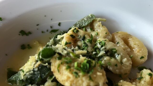 Close view of creamy gnocchi pasta topped with herbs and grated cheese served on restaurant dinner plate during meal service