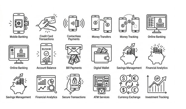 Financial management and mobile banking animated line icons