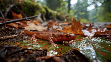 Fototapeta premium Vibrant Newt on Leaf in Forest Setting