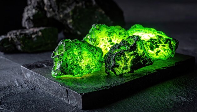 Rough chunks of uranium ore emitting a subtle green glow displayed on a geologic surface, showcasing natural luminescence and scientific interest