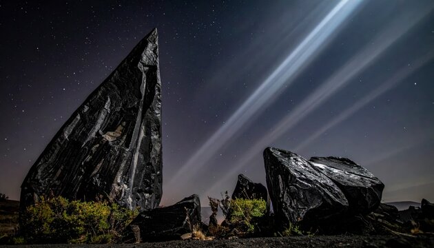 Towering black obsidian obelisks rise into a starry night sky with dramatic light beams, creating a cinematic landscape. This widescreen composition brings a powerful sense of mystery.