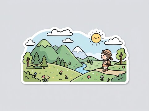 Cute outdoor hiking landscape sticker with a girl, mountains, and sun