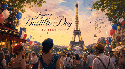 Fototapeta premium A vibrant illustration of Bastille Day celebrations in Paris, with a crowd gathered on a street overlooking the iconic Eiffel Tower at sunset, adorned with French flags and festive balloons.