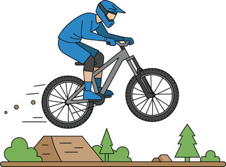 Fototapeta premium Mountain Biker Jumping Over a Ramp in Forest Flat Vector Illustration