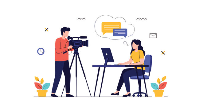Professional cameraman filming a woman working at a desk for a video production or live interview session.