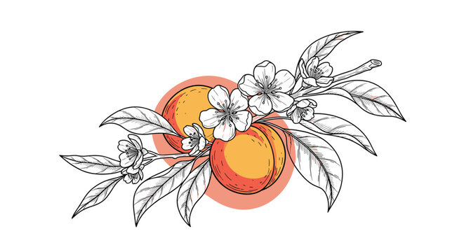 Artistic drawing of ripe peaches on a branch with white blossoms and green leaves accented by a soft orange circle for background.