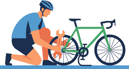 Fototapeta premium Male Cyclist Repairing Road Bicycle with Wrench Flat Design Vector Illustration