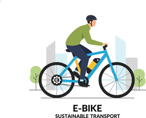 Naklejka premium Man Riding Electric Bicycle for Sustainable Urban Transport Flat Illustration