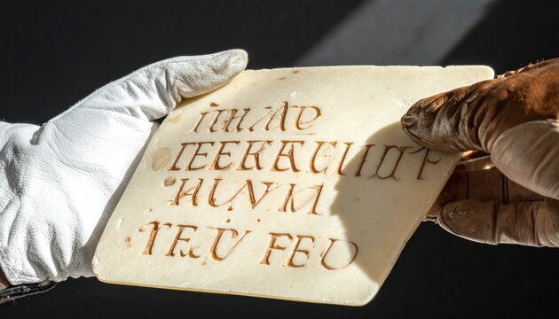 Well preserved Roman cursive script on a wax tablet held by a gloved hand showing ancient writing