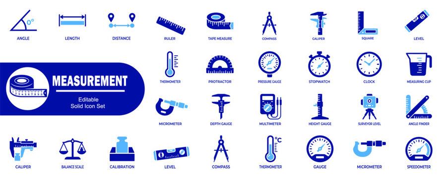 Measurement tools icon set. Featuring tape measure ruler caliper micrometer protractor and various precision gauging devices.