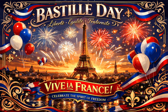 Vibrant Bastille Day celebration in Paris with fireworks over the Eiffel Tower, French flags, and balloons, embodying freedom and national pride.