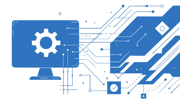Computer screen with gear icon connected to abstract digital circuit board, technology concept