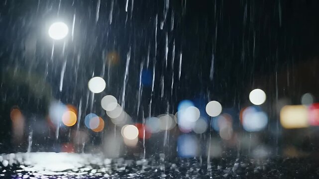 Heavy Rain Falling on a Wet Surface with Blurred Urban Lights in Bokeh Background at Night