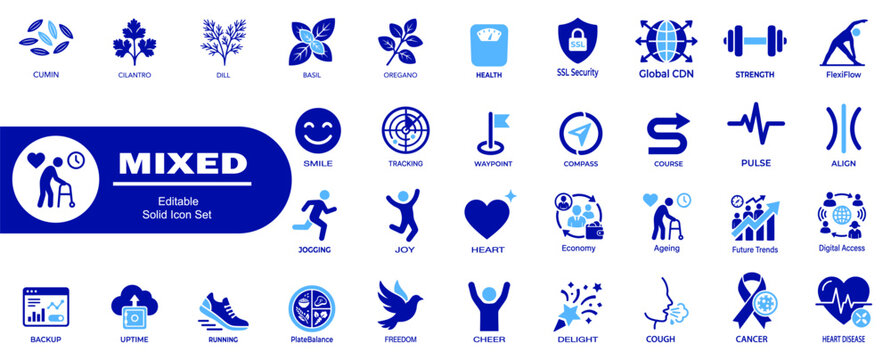 Mixed editable solid icon set, wellness and lifestyle symbols, health and nature icons for web and app.