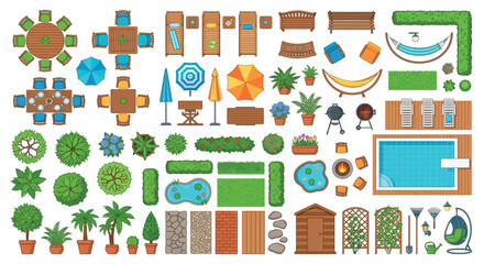 Naklejka premium Outdoor Furniture And Garden Elements Top down Vector Illustration