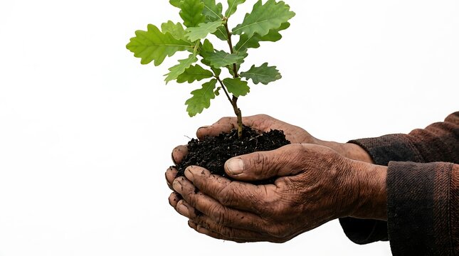 Elderly hands holding a young oak tree sapling on white background