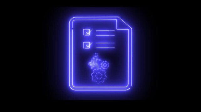 Bright neon blue icon showing a checklist with gears and a figure climbing. Useful for business, technology, or productivity themes.