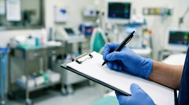 Closeup of a gloved hand marking detailed treatment records on a clipboard emphasizing sterile process accuracy under bright clinical lighting with tools and equipment blurred out