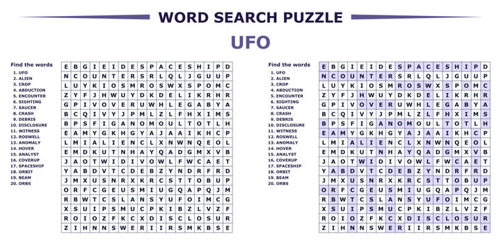 UFO word seek puzzle sheet for kids and adults with solution